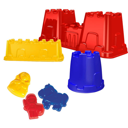 Spielstabil Burgenset mit Sandförmchen in Rot, Gelb und Blau – Sandburg-Set mit Burgturm, Burgmauern und Ritter-Sandformen für Kinder, Made in Germany