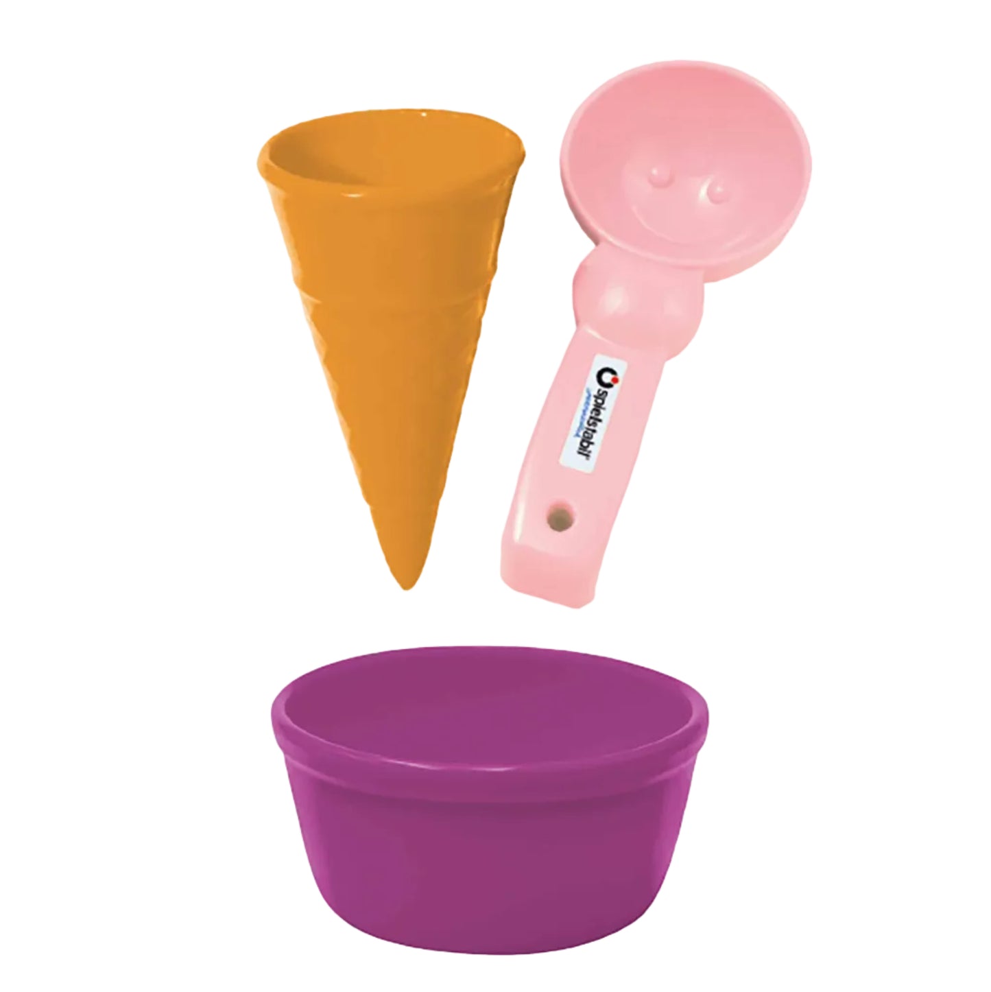 Spielstabil Eisset Sunset Pop mit orangefarbenem Eishörnchen, lila Eisbecher und rosa Eislöffel als Sandspielzeug bei Burgfrollein