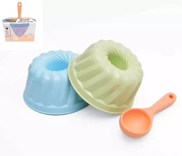 Spielstabil Sandkuchen-Bäckerei in Grün und Blau 3-teilig – Sandspielzeug-Set mit Gugelhupf-Sandformen und Schaufel für Kinder, Made in Germany