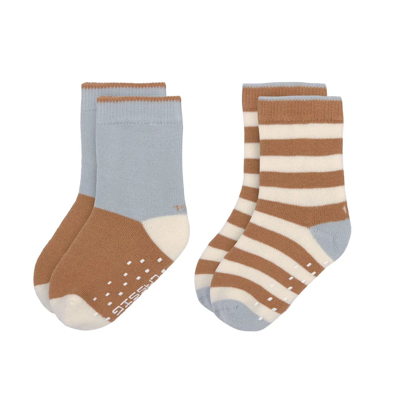 Stoppersocken 2er Set von Lässig in Hellblau und Karamell-Weiß gestreift mit Anti-Rutsch-Sohle nebeneinander