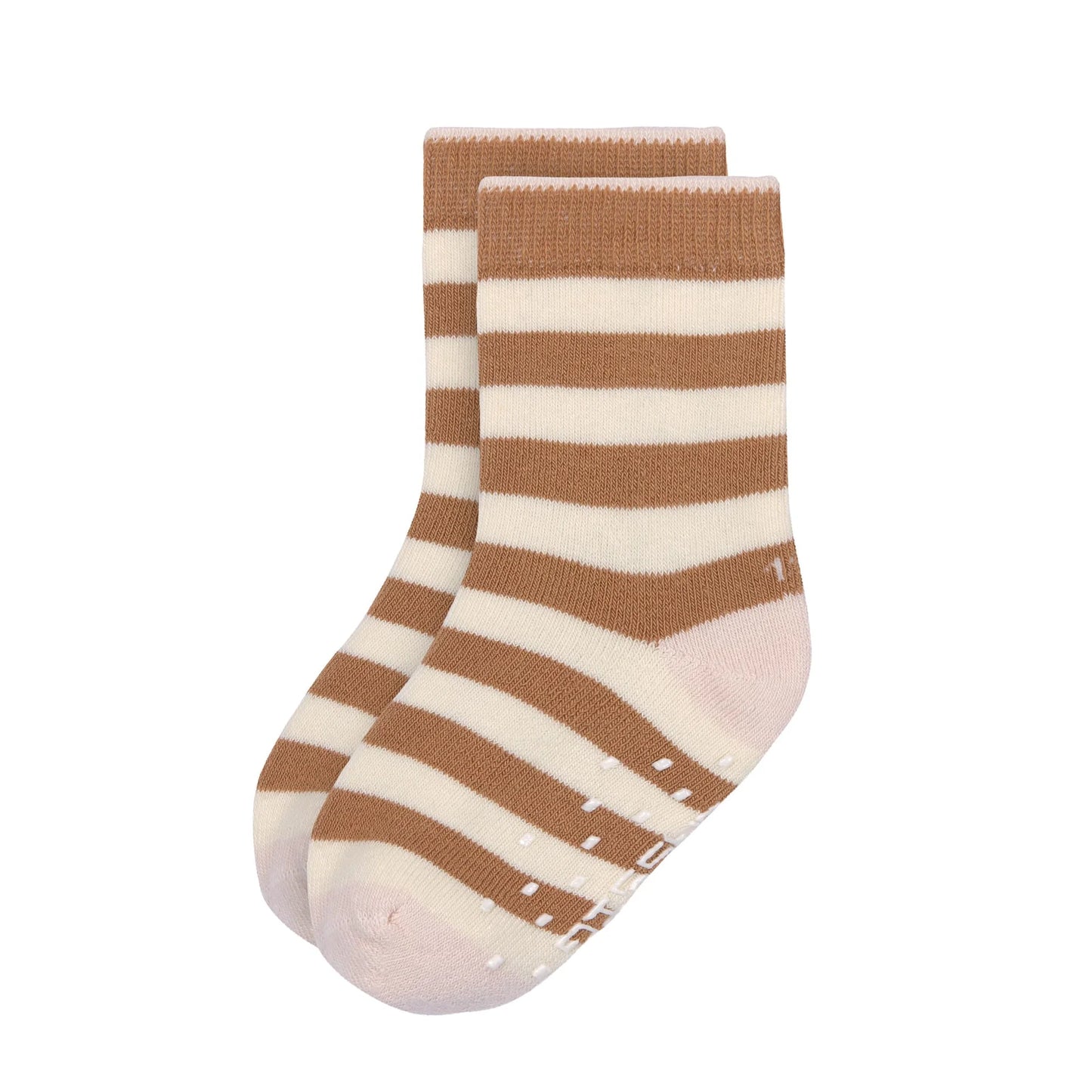 Anti-Rutsch-Socken in Rosa und Karamell-Weiß gestreift von Lässig als 2er Set mit Noppen-Sohle