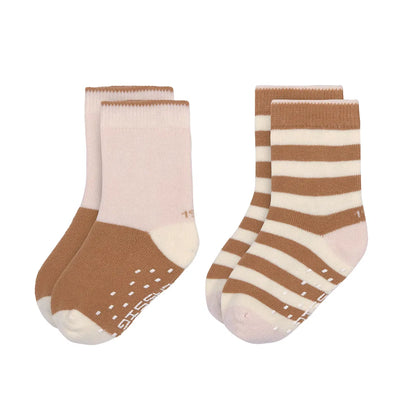 Stoppersocken 2er Set von Lässig in Rosa und Karamell-Weiß gestreift mit Anti-Rutsch-Sohle nebeneinander