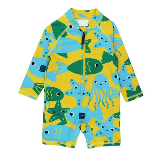 Toby Tiger Baby-Badeanzug Langarm mit Fisch-Motiv und UV-Schutz UPF 50 – gelb-blau-grün