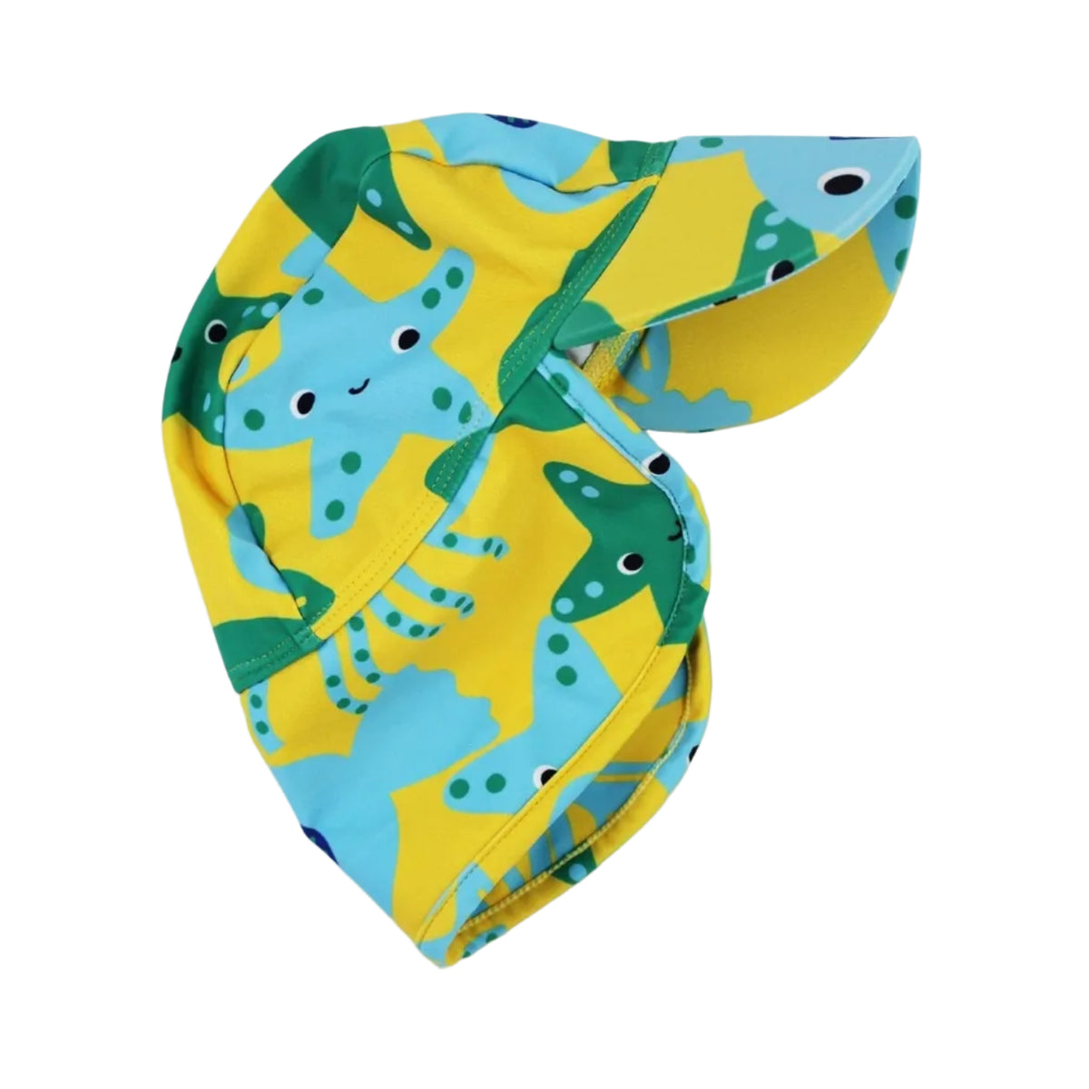 Toby Tiger Baby Sonnenhut mit Fisch-Druck gelb grün blau – Sonnenschutzmütze mit Meerestier-Motiv (Fische, Seesterne), UV-Schutz UPF 50 für Strand und Schwimmbad