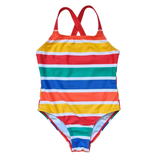 Toby Tiger Badeanzug Happy Stripe mit bunten Regenbogen-Streifen – Rückansicht mit Kreuzträgern