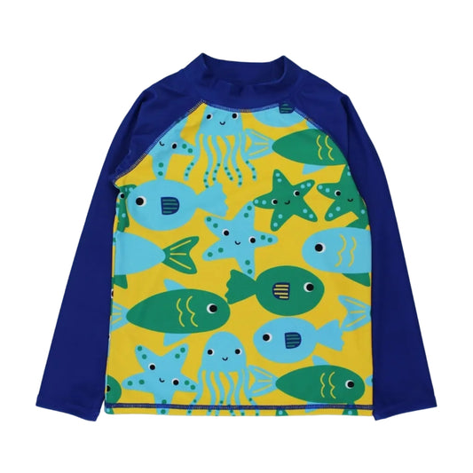Toby Tiger Kinder Badeshirt Langarm mit Fisch-Druck gelb blau Vorderansicht – UV-Schutz UPF 50 für Strand und Schwimmbad