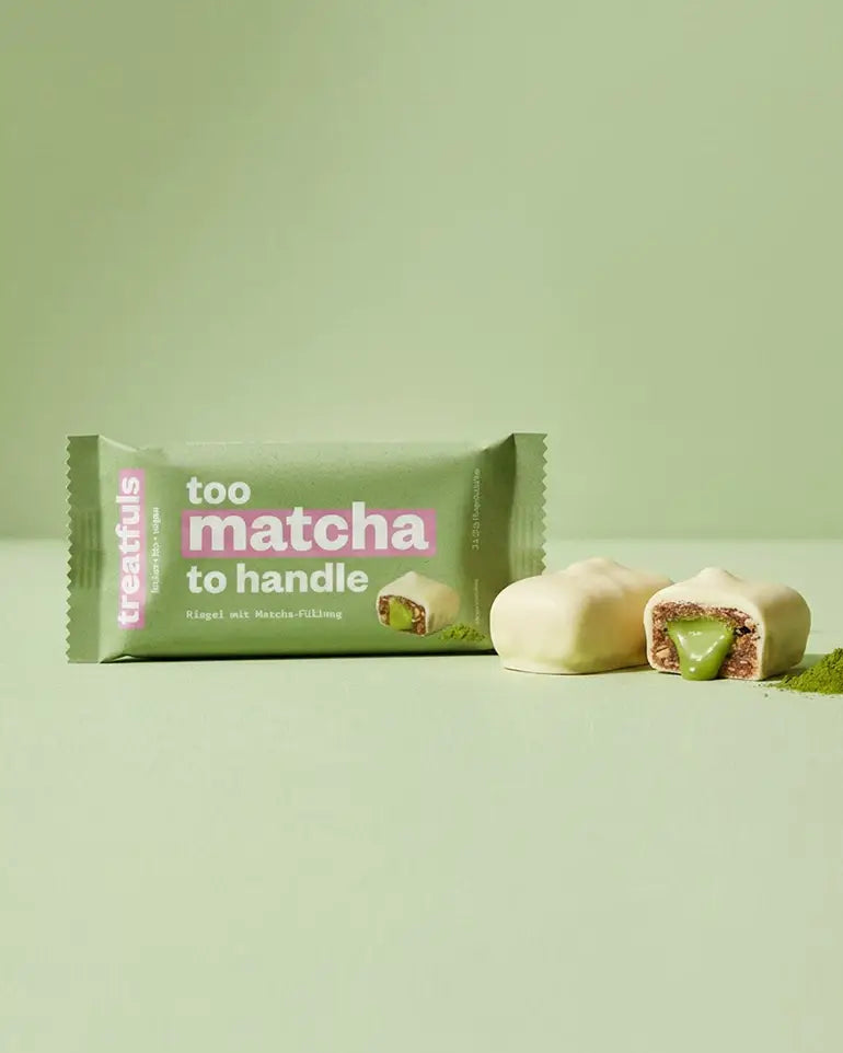 Treatfuls Matcha-Riegel „Too Matcha To Handle“ mit cremiger Matcha-Füllung in weisser Schokolade – Bio, vegan, glutenfrei und ohne raffinierten Zucker