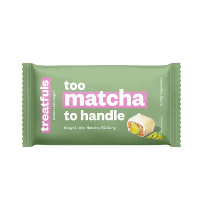Treatfuls Matcha-Riegel „Too Matcha To Handle“ Verpackung mit 2 x 20g Riegelstücken – Bio, vegan, glutenfrei und ohne raffinierten Zucker