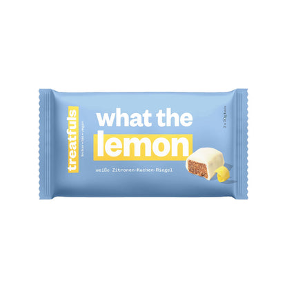 Treatfuls Zitronen-Kuchen-Riegel „What The Lemon“ Verpackung mit 2 x 20g Riegelstücken in weisser Schokolade – Bio, vegan, glutenfrei und ohne raffinierten Zucker