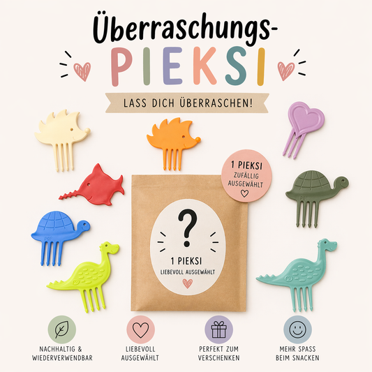 Werbegrafik für den Überraschungs-Pieksi von Pieksi und Griffel – ein zufällig ausgewählter Pieksi in Tier- und Herzformen, nachhaltig, liebevoll ausgewählt und perfekt zum Verschenken