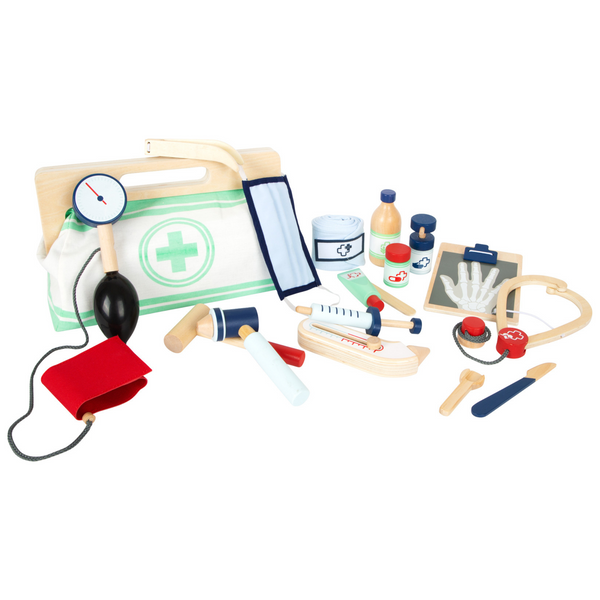 Arzttasche mit Holzspielzeug für Rollenspiele