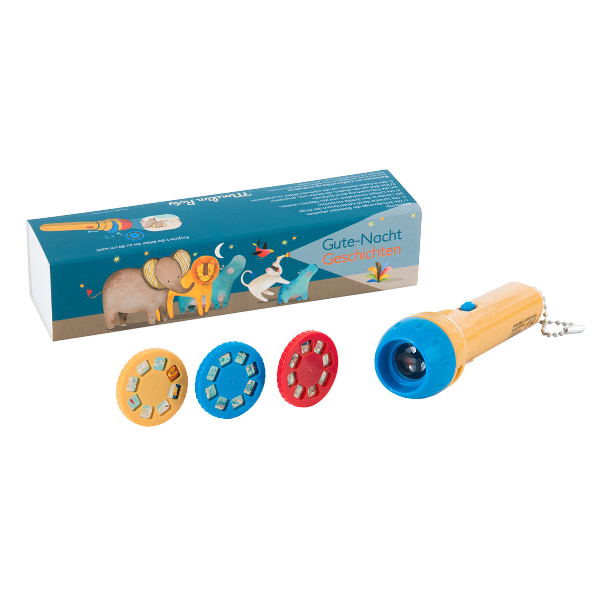 Gelbe Projektor-Taschenlampe mit Tieren als Geschenkidee für Kinder