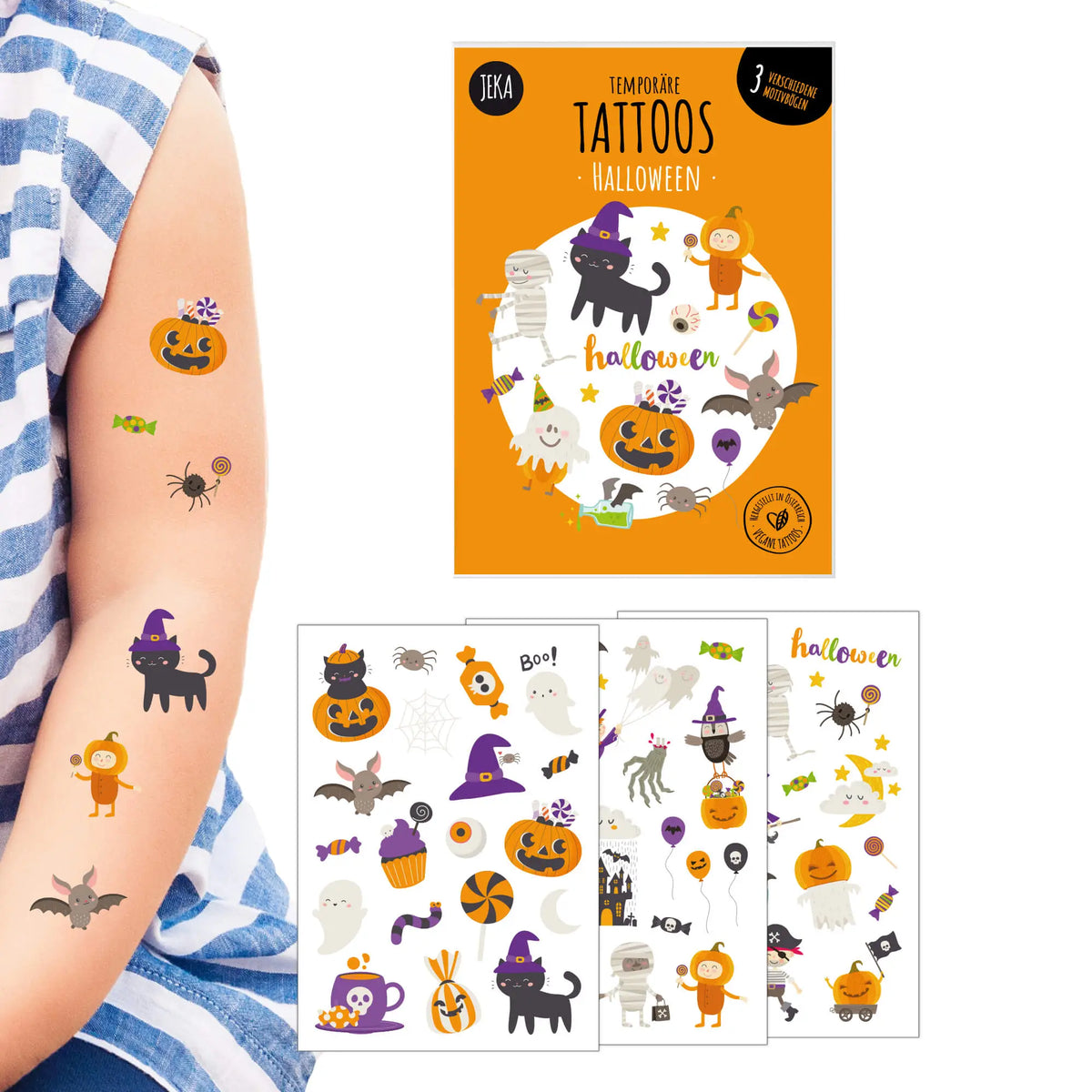 Halloween Tattoos für Kinder, 3 verschiedene Bögen