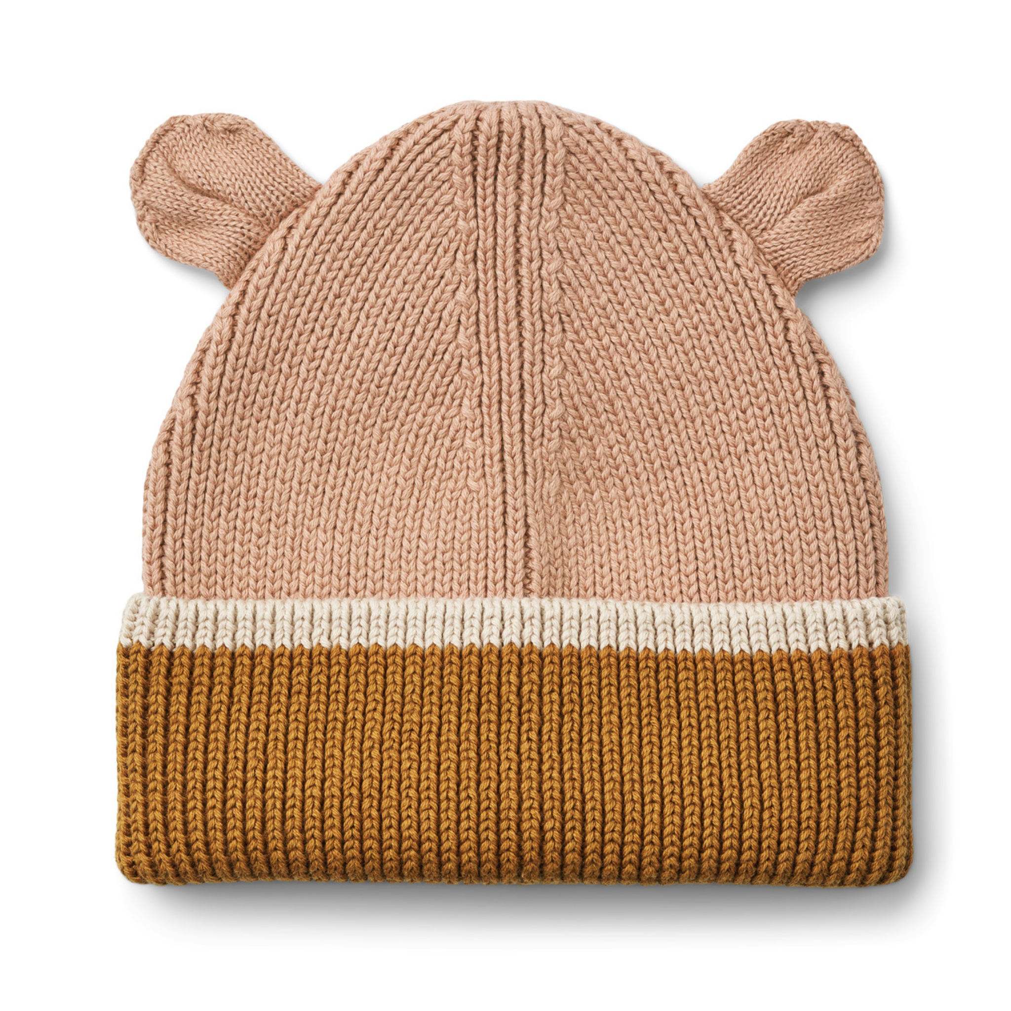 Zweifarbige Strickmütze in Rosa & Karamellfarben mit Teddyohren