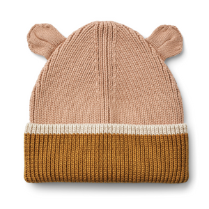 Zweifarbige Strickmütze in Rosa & Karamellfarben mit Teddyohren