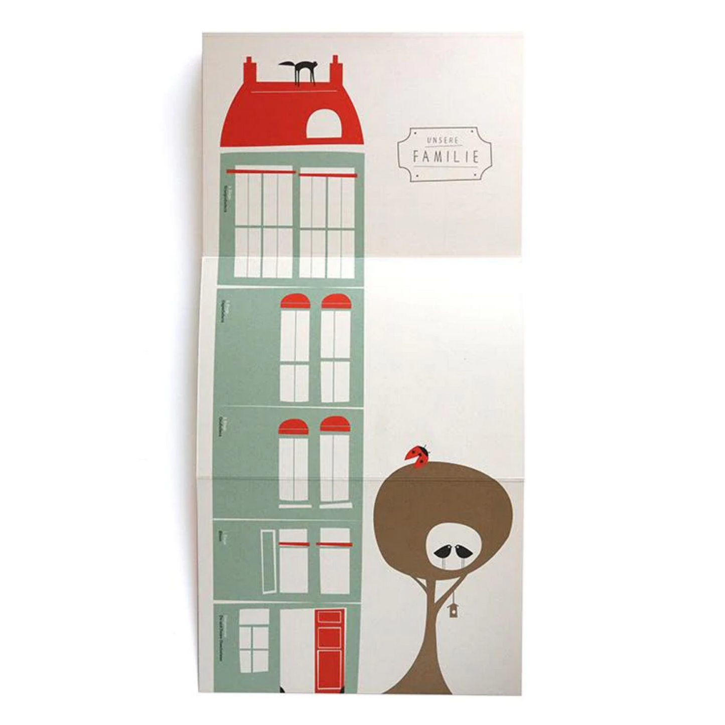 Innenseite des Babybuchs von Pleased to meet – Ausklappseite „Unsere Familie“ als Stammbaum-Haus mit Baum und Eule
