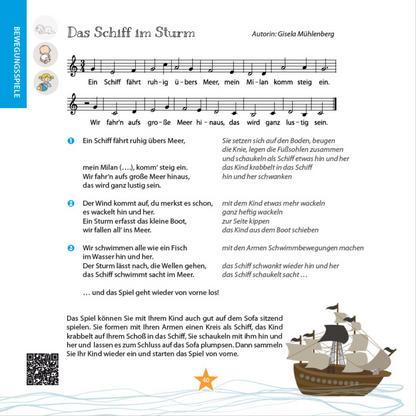 Beispielseite aus dem Buch Krabbelmäuse, Murmeltiere, Kuschelbären & Co. mit Bewegungsspiel Das Schiff im Sturm – Noten, Liedtext und Anleitung für Babys und Kleinkinder, Geschenkidee zur Geburt und Taufe von Burgfrollein