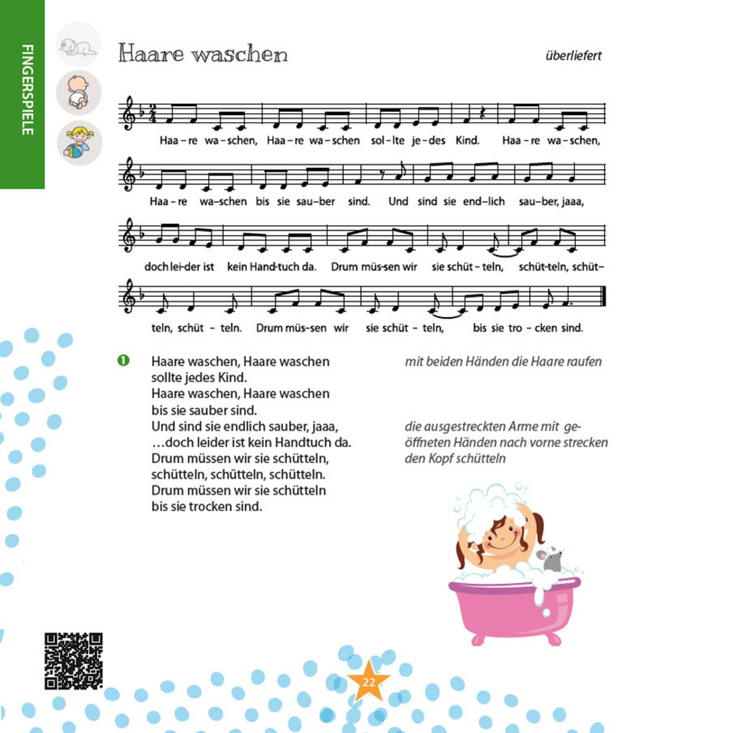 Beispielseite aus dem Buch Krabbelmäuse, Murmeltiere, Kuschelbären & Co. mit Fingerspiel Haare waschen, Noten, Liedtext und Anleitung für Babys und Kleinkinder – Geschenkidee zur Geburt und Taufe von Burgfrollein