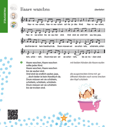 Beispielseite aus dem Buch Krabbelmäuse, Murmeltiere, Kuschelbären & Co. mit Fingerspiel Haare waschen, Noten, Liedtext und Anleitung für Babys und Kleinkinder – Geschenkidee zur Geburt und Taufe von Burgfrollein