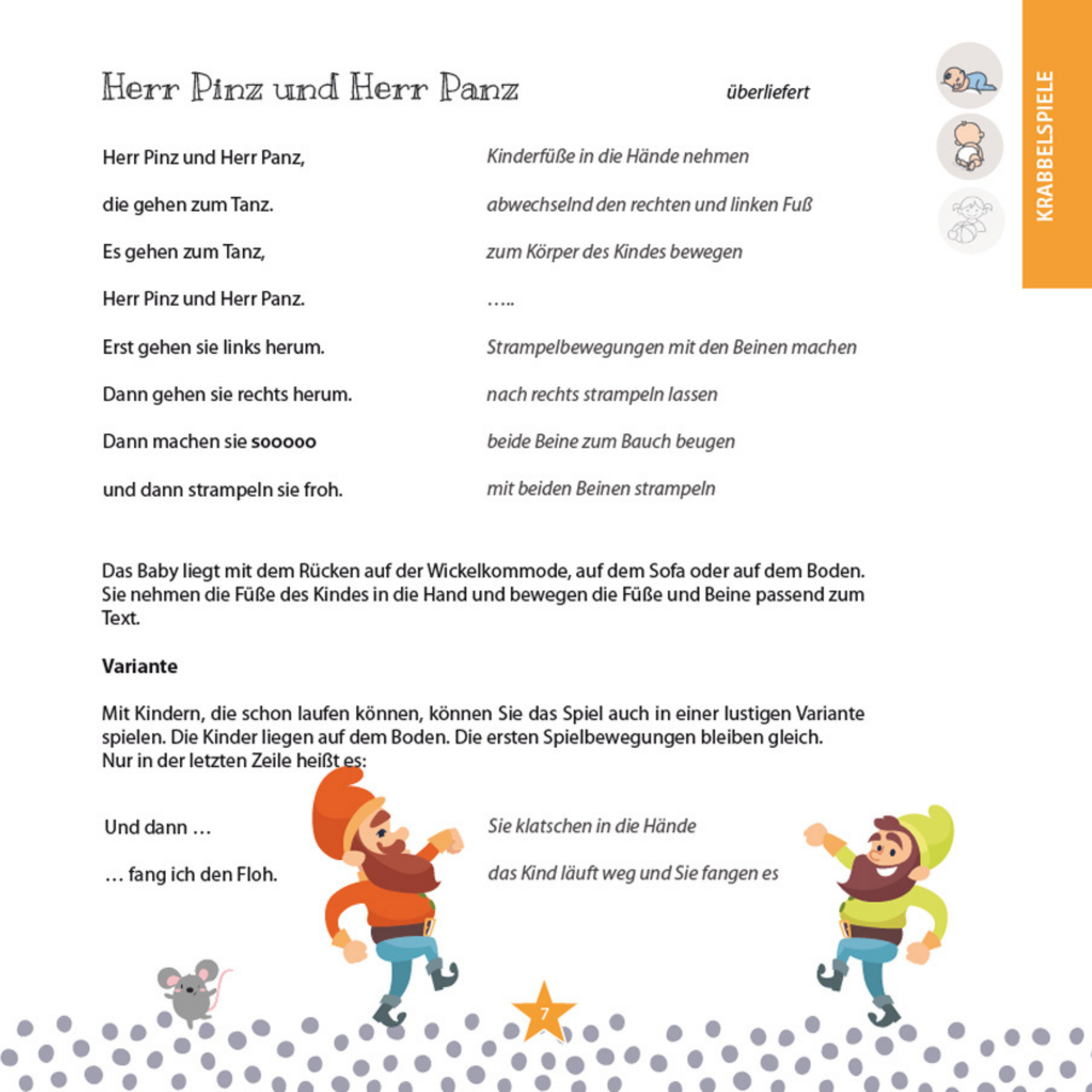Beispielseite aus dem Buch Krabbelmäuse, Murmeltiere, Kuschelbären & Co. mit Reim und Anleitung zum Krabbelspiel Herr Pinz und Herr Panz für Babys und Kleinkinder – Geschenkidee zur Geburt und Taufe von Burgfrollein