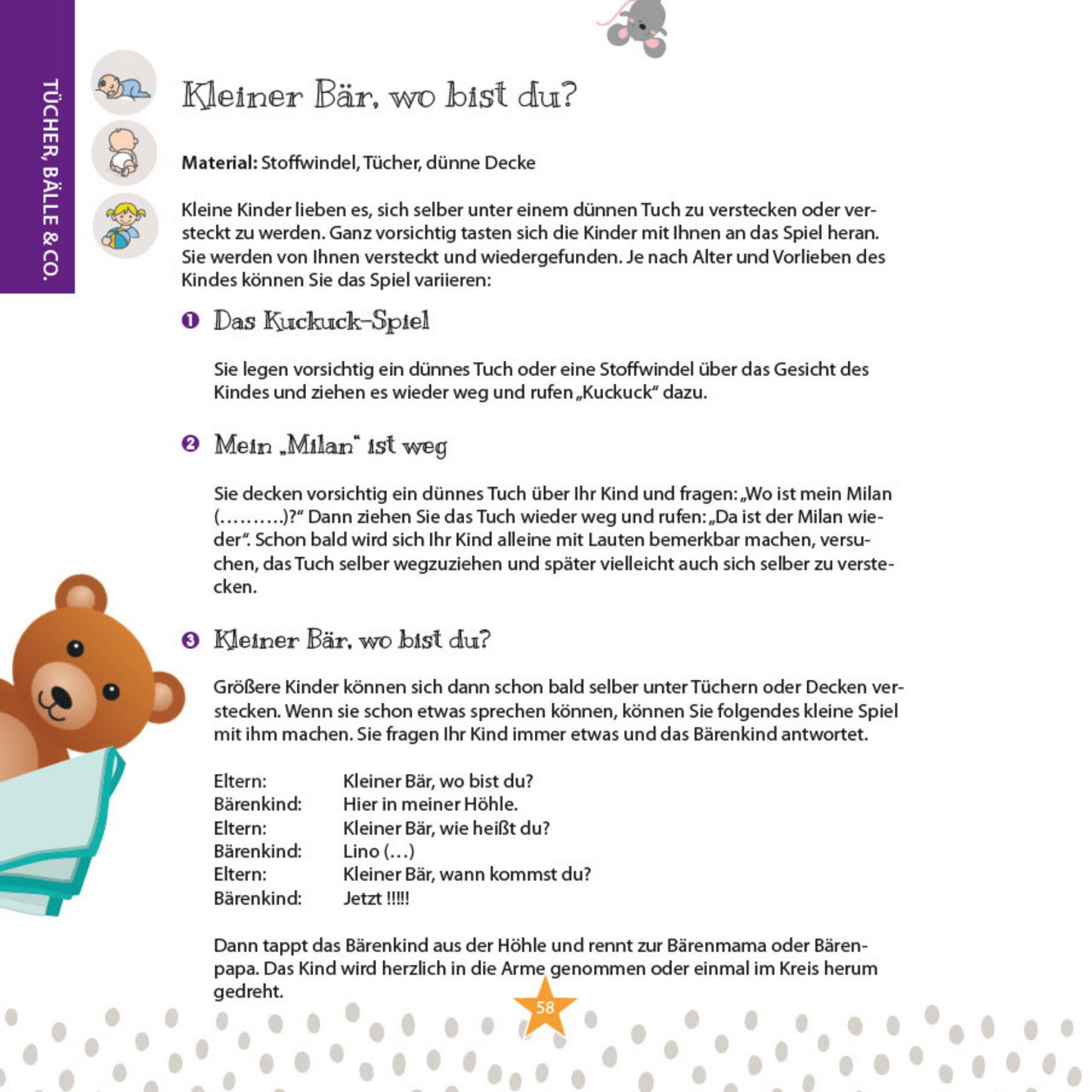 Beispielseite aus dem Buch Krabbelmäuse, Murmeltiere, Kuschelbären & Co. mit Kuckuck-Spiel Kleiner Bär, wo bist du? – Anleitung für Spiele mit Tüchern, Bällen und Stoffwindeln, Geschenkidee zur Geburt und Taufe von Burgfrollein