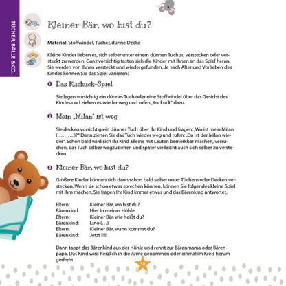 Beispielseite aus dem Buch Krabbelmäuse, Murmeltiere, Kuschelbären & Co. mit Kuckuck-Spiel Kleiner Bär, wo bist du? – Anleitung für Spiele mit Tüchern, Bällen und Stoffwindeln, Geschenkidee zur Geburt und Taufe von Burgfrollein