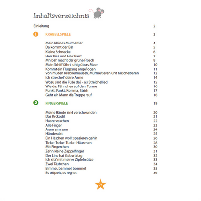 Inhaltsverzeichnis des Buches Krabbelmäuse, Murmeltiere, Kuschelbären & Co. mit Krabbelspielen, Fingerspielen, Liedern und Reimen für Babys und Kleinkinder – Geschenkidee zur Geburt und Taufe von Burgfrollein