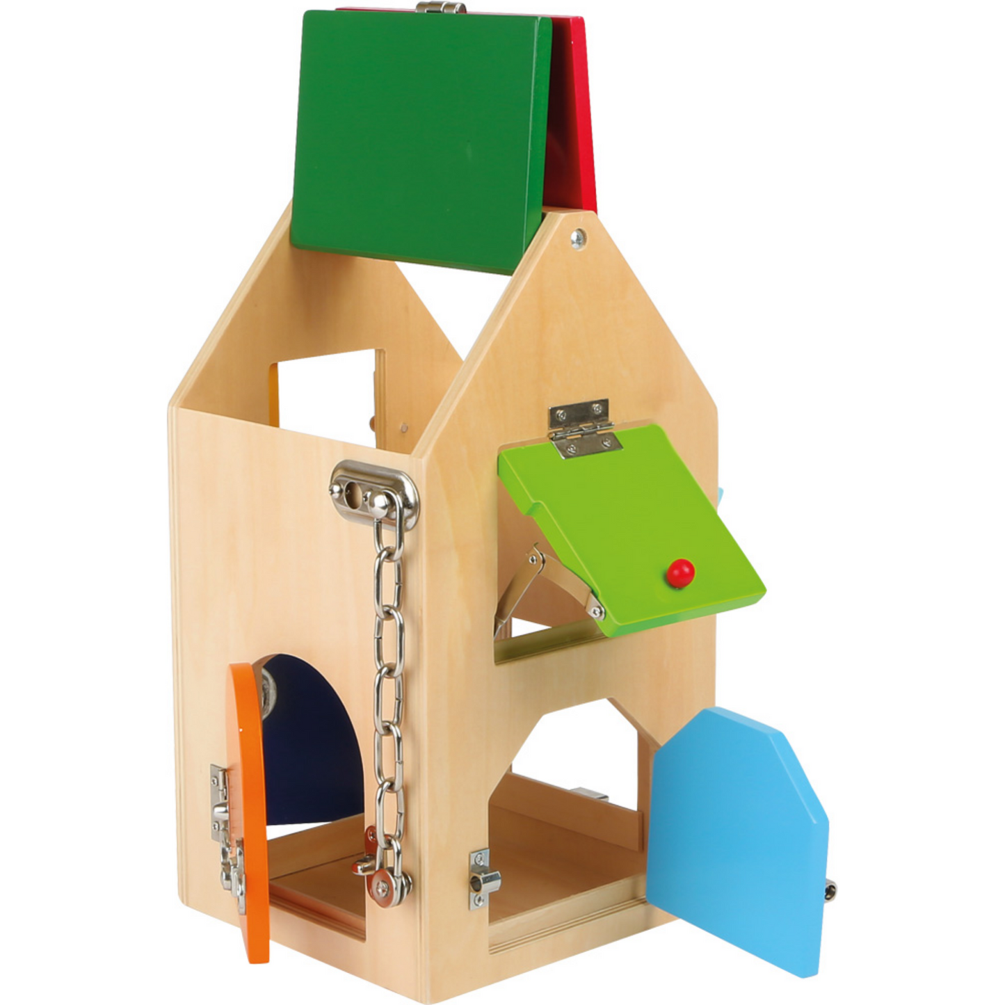 Großes Schlosshaus aus Holz von Small Foot mit vielen Schlössern, Riegeln und Kette – Motorikspielzeug für Kinder