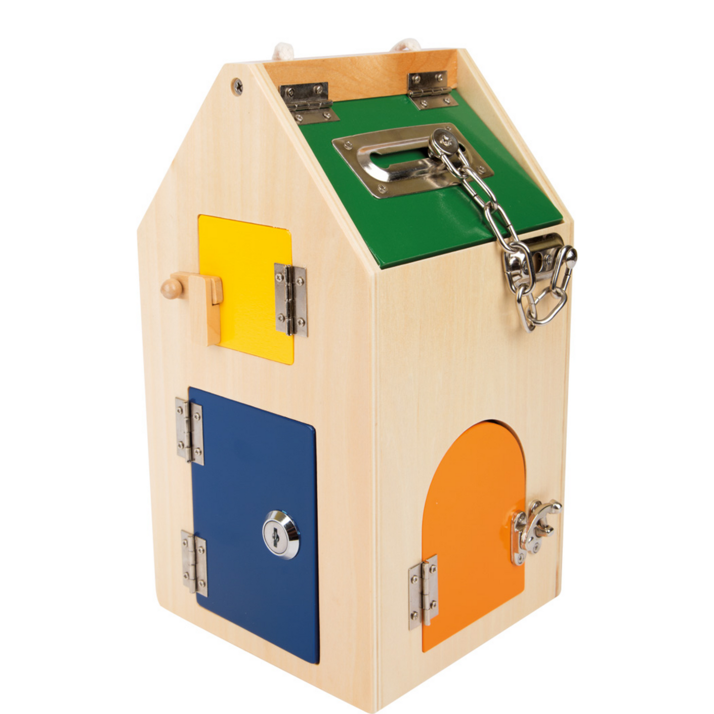 Großes Schlosshaus aus Holz von Small Foot mit gelber, blauer und oranger Tür sowie Kette – Motorikspielzeug für Kinder