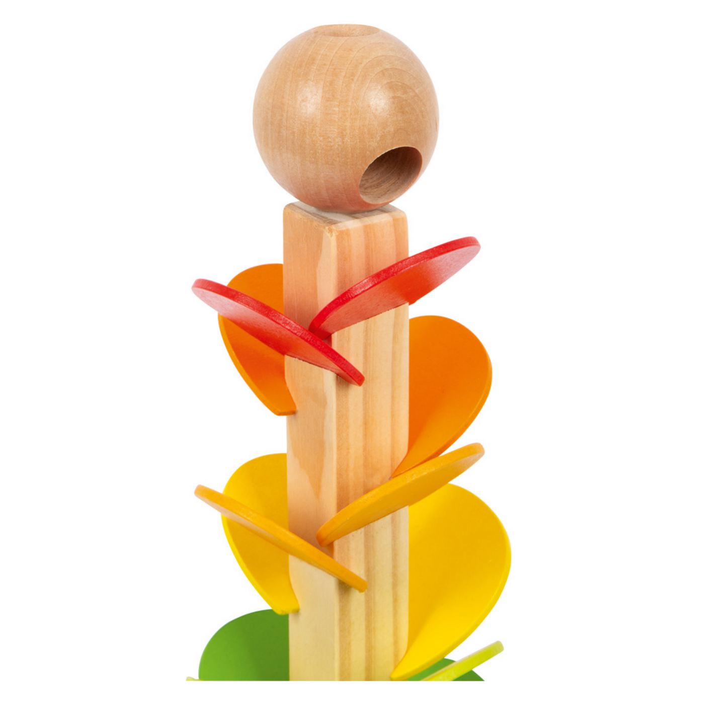 Klang-Murmelbahn Regenbogen von Small Foot – Detailansicht von oben mit Holzkugel und bunten Blättern, Montessori Holzspielzeug
