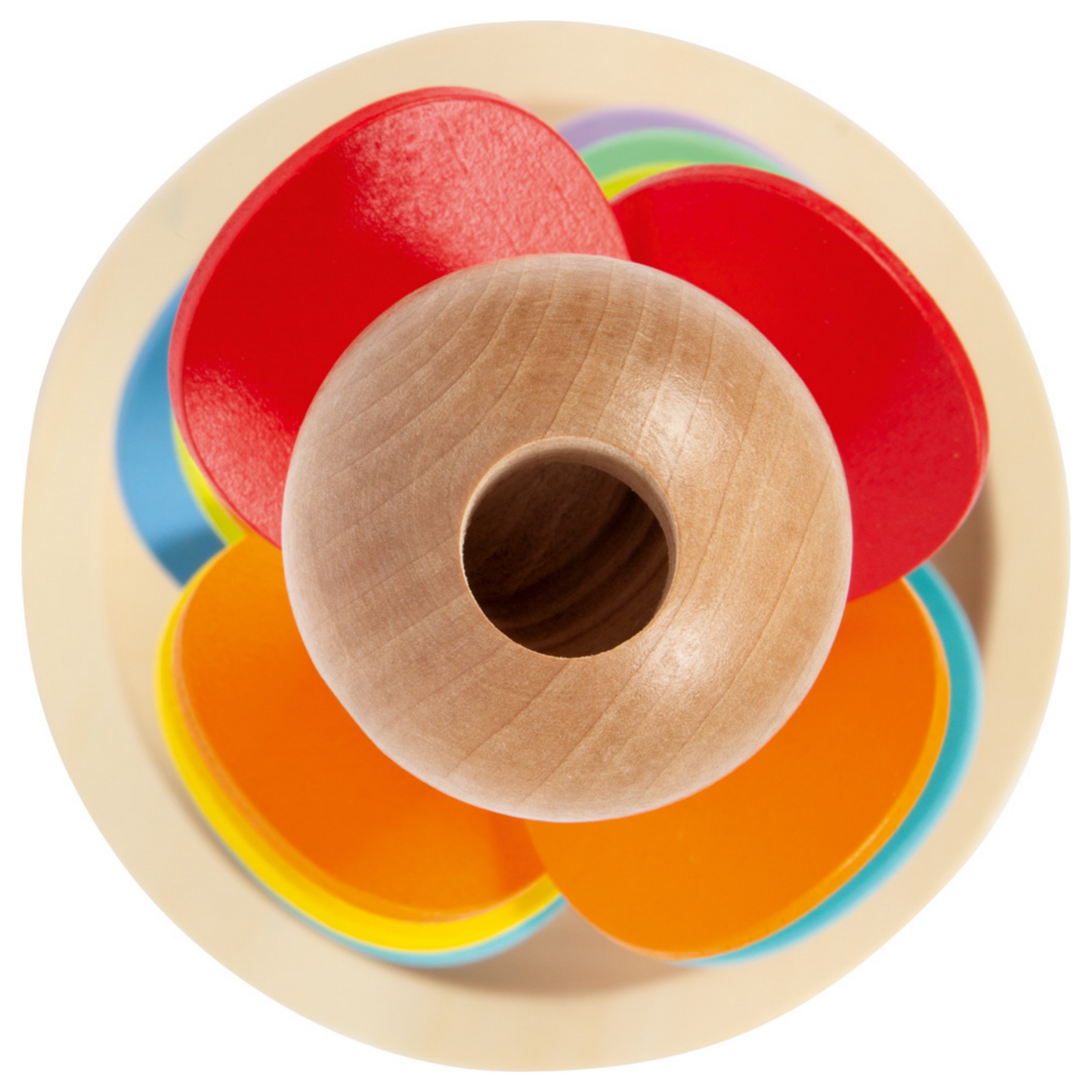 Klang-Murmelbahn Regenbogen von Small Foot – Detailansicht von oben mit Einfüllöffnung für die Murmel, Montessori Holzspielzeug