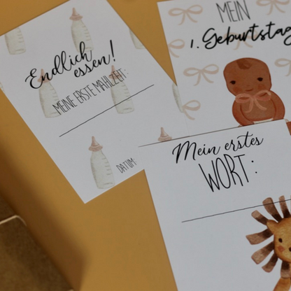 Meilensteinkarten fürs Baby mit Motiven Endlich essen, Mein 1. Geburtstag und Mein erstes Wort – schöne Geschenkidee zur Geburt oder Babyparty von Burgfrollein