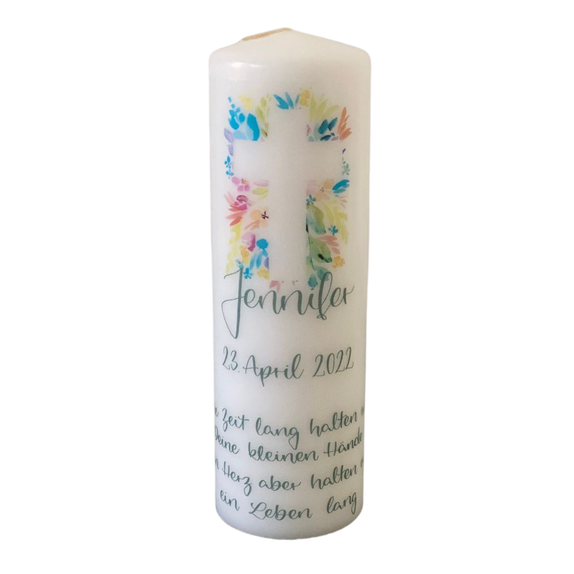 Personalisierte Taufkerze mit buntem Aquarell-Blumenkreuz, individuellem Namen, Taufdatum und Spruch – handgefertigte Geschenkidee zur Taufe von Burgfrollein