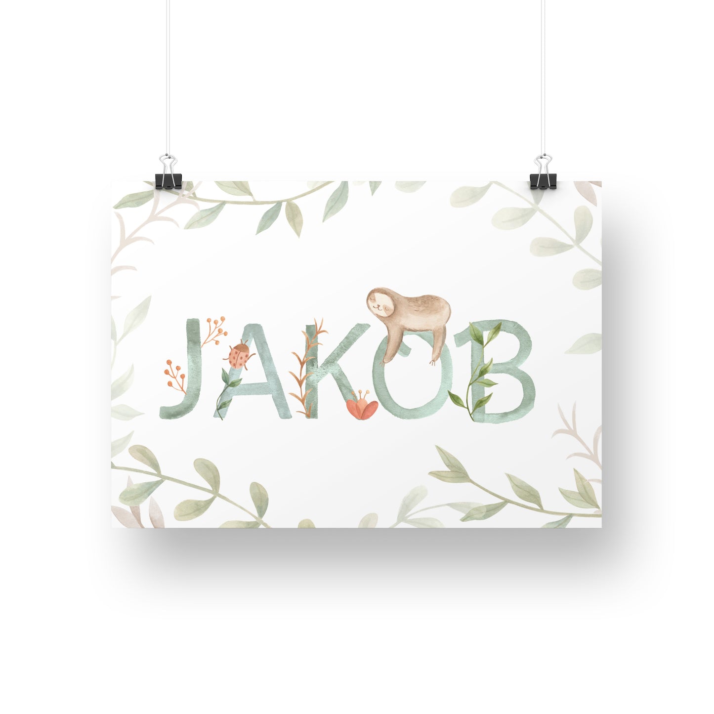 Personalisiertes Namensposter fürs Kinderzimmer mit Name Jakob in salbeigrüner Aquarellschrift, Faultier und Blumen – individuelle Geschenkidee zur Geburt von Burgfrollein