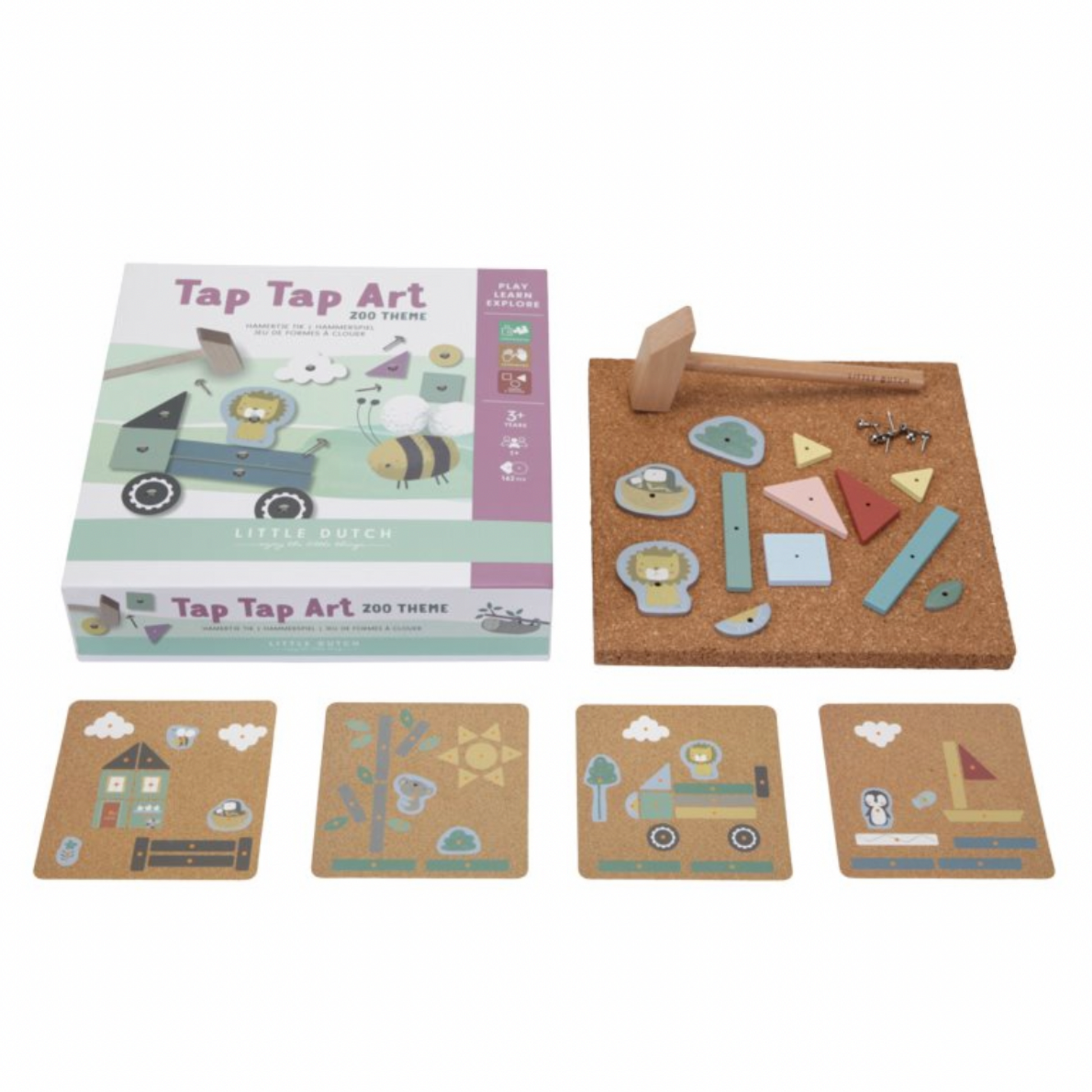 Tap Tap Art Hämmerchenspiel-Set von Little Dutch mit Verpackung, Korkplatte, Hammer und vier Motivvorlagen (Haus, Sonne, Flugzeug, Segelboot) – kreatives Holzspielzeug zur Förderung der Feinmotorik ab 4 Jahren, Geschenkidee von Burgfrollein