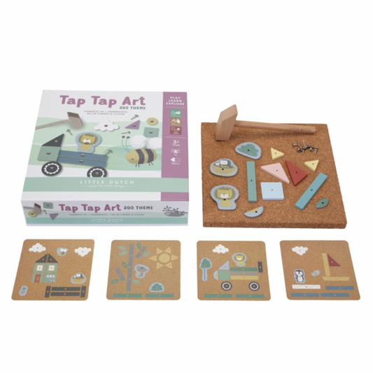 Tap Tap Art Hämmerchenspiel-Set von Little Dutch mit Verpackung, Korkplatte, Hammer und vier Motivvorlagen (Haus, Sonne, Flugzeug, Segelboot) – kreatives Holzspielzeug zur Förderung der Feinmotorik ab 4 Jahren, Geschenkidee von Burgfrollein