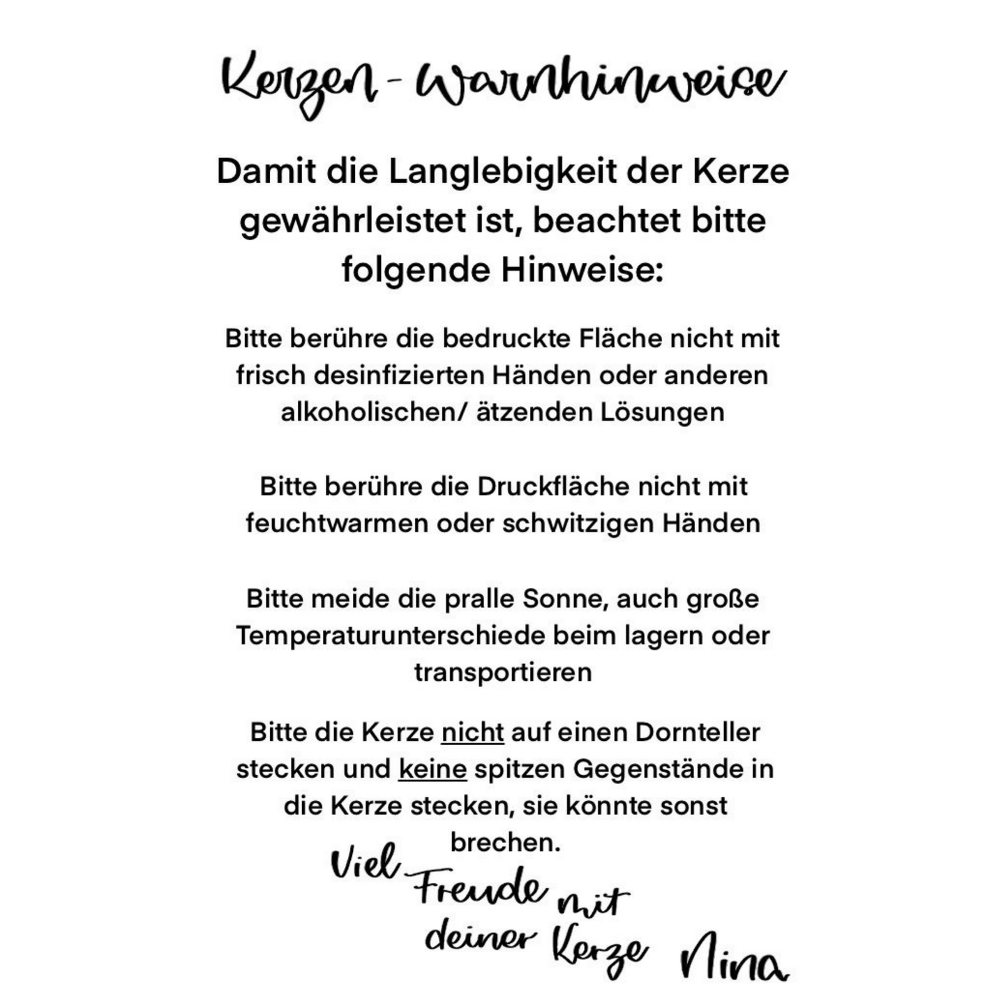 Pflegeanleitung und Warnhinweise für personalisierte Taufkerzen mit Tipps zur Handhabung, Lagerung und Langlebigkeit der Kerze – von Burgfrollein